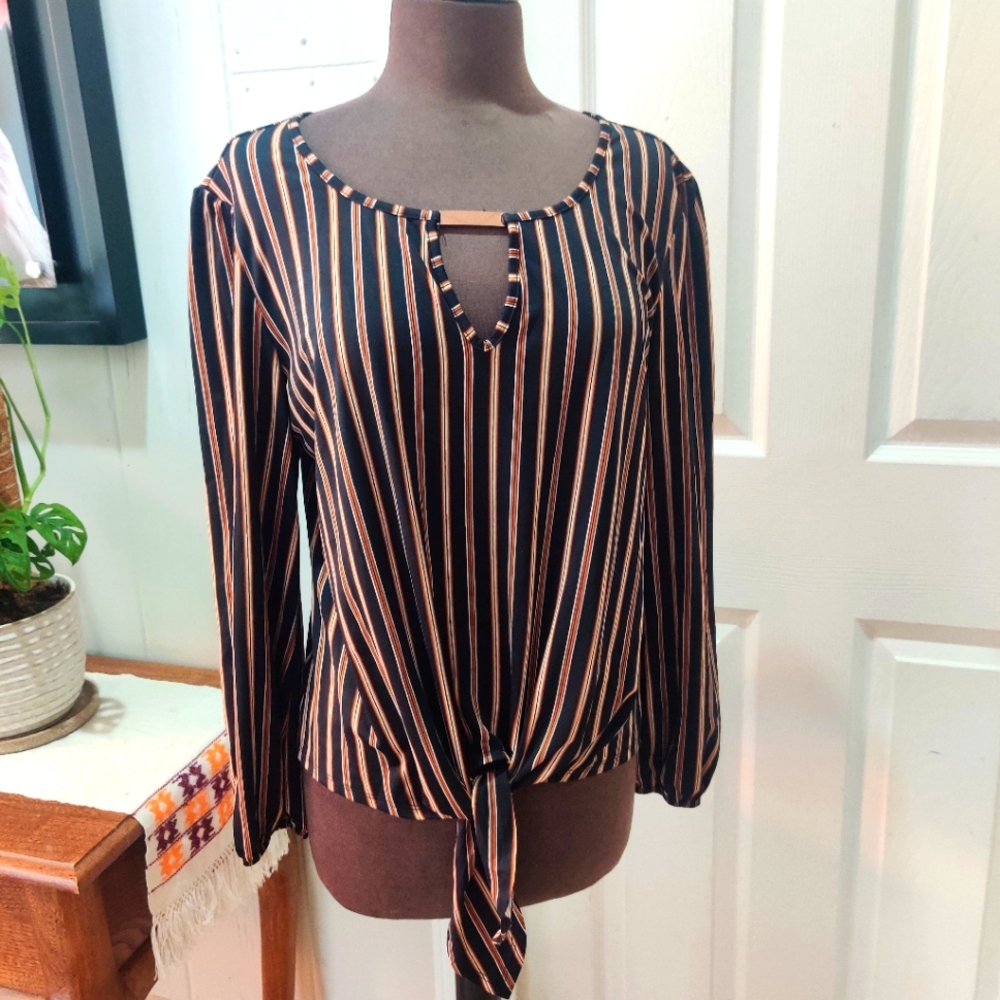 PerSeption Concept Stripe Blouse Keyhole Neck & Waist Tie L